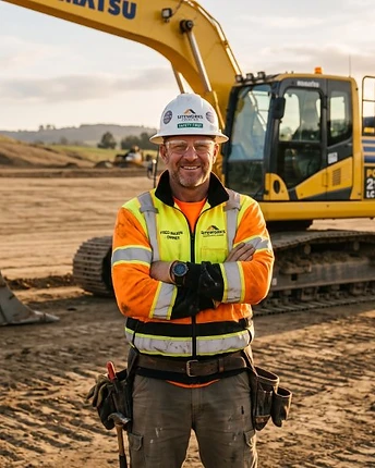 Contractor standing with an excavator
