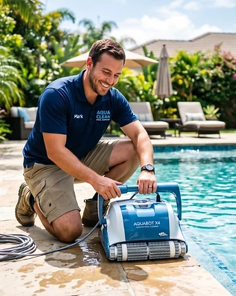 Pool technician servicing a pool